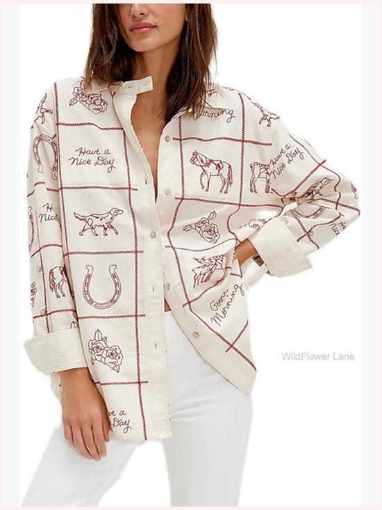 Tops - Y2K Boho Floral Long Sleeve Flowy Blouse Button Down Shirt Going Out Top